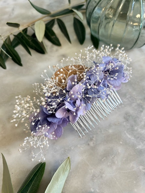 Peigne "Jade" - Accessoire de Coiffure en Fleurs de Dry & Myrtille - peigne - accessoire blanc gypsophile hortensia lilas peigne violet