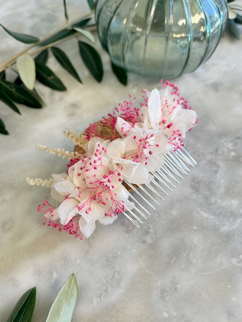Peigne "Juliette" - Ornement Floral de Dry & Myrtille - peigne - accessoire blanc gypsophile hortensia mariage peigne rose