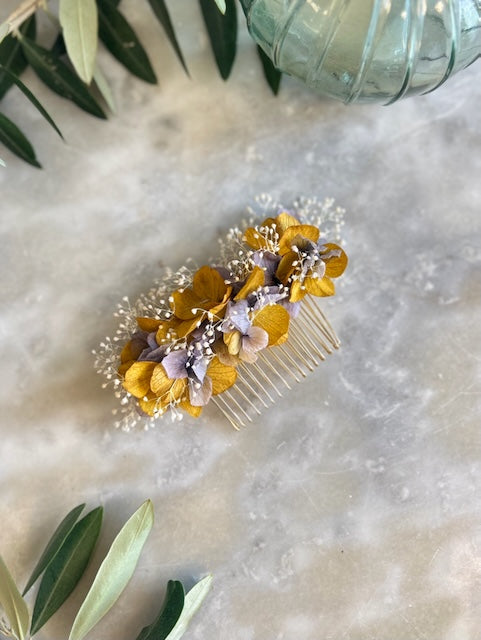 Peigne "Marie" - Parure Florale de Dry & Myrtille - peigne - accessoire blanc gypsophile hortensia jaune lavande peigne violet